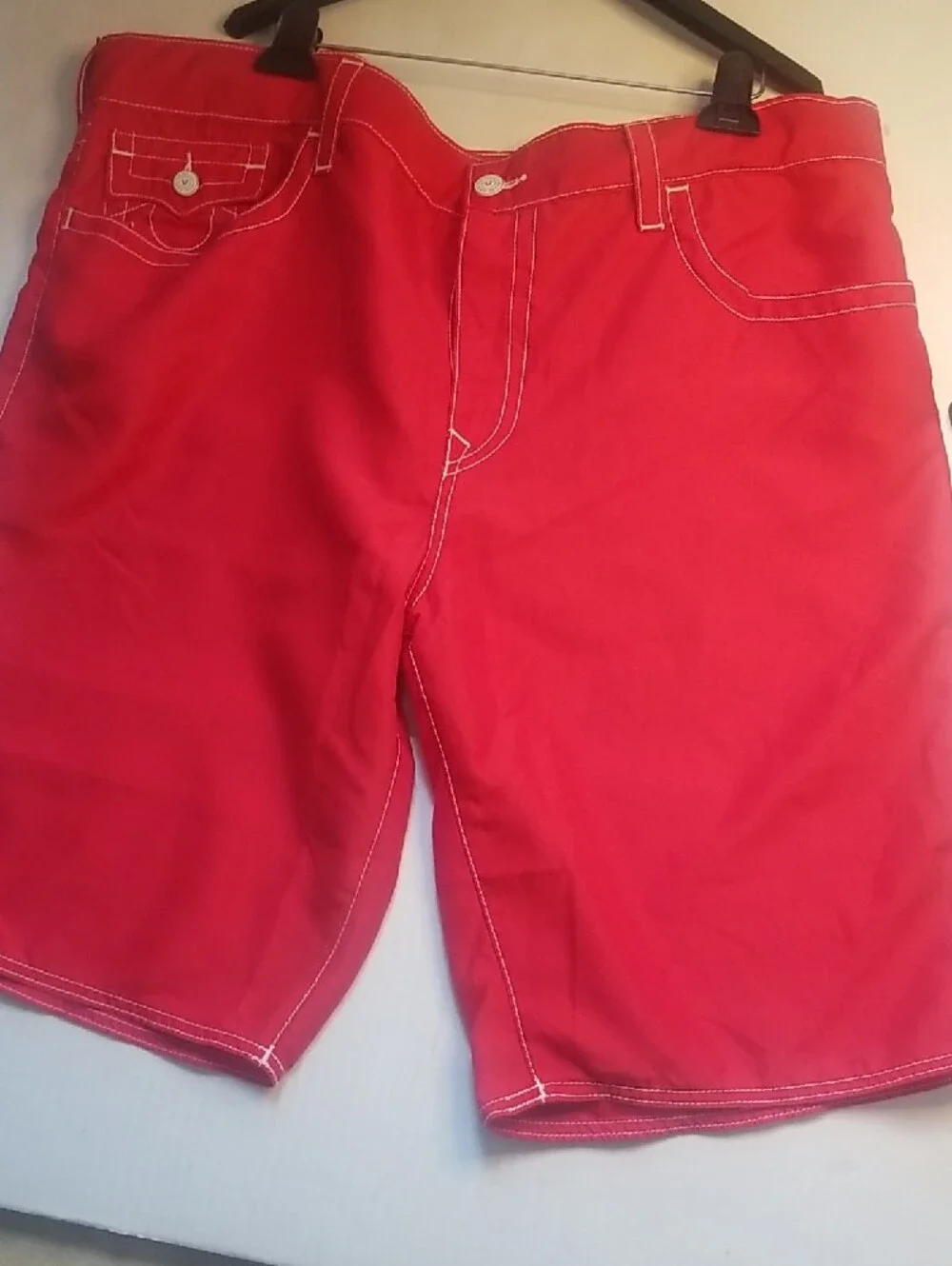 True Religion Men’s Bright Red Shorts with White Stitching